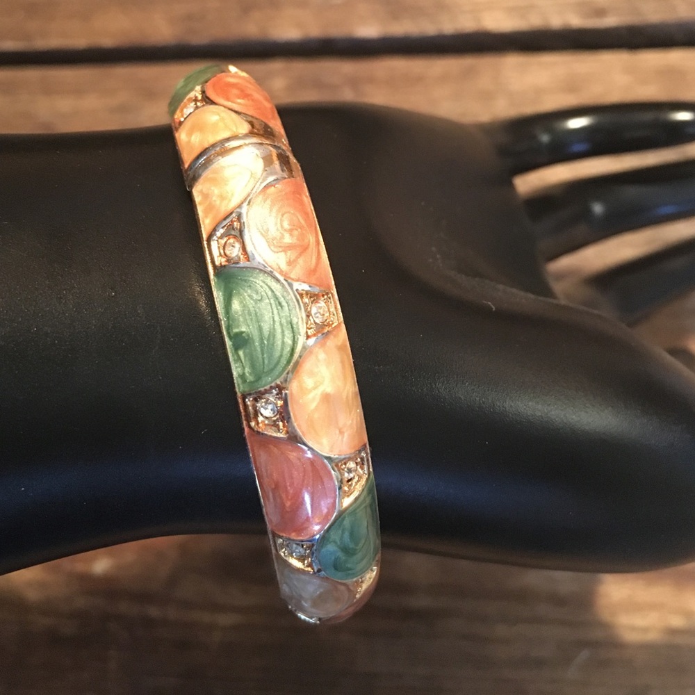 Gold Tone Metal, Enamel and Rhinestone Bracelet